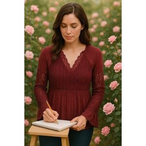 American Eagle Lace Inset Peasant‎ Top Bell Sleeve Blouse Burgundy Size XS